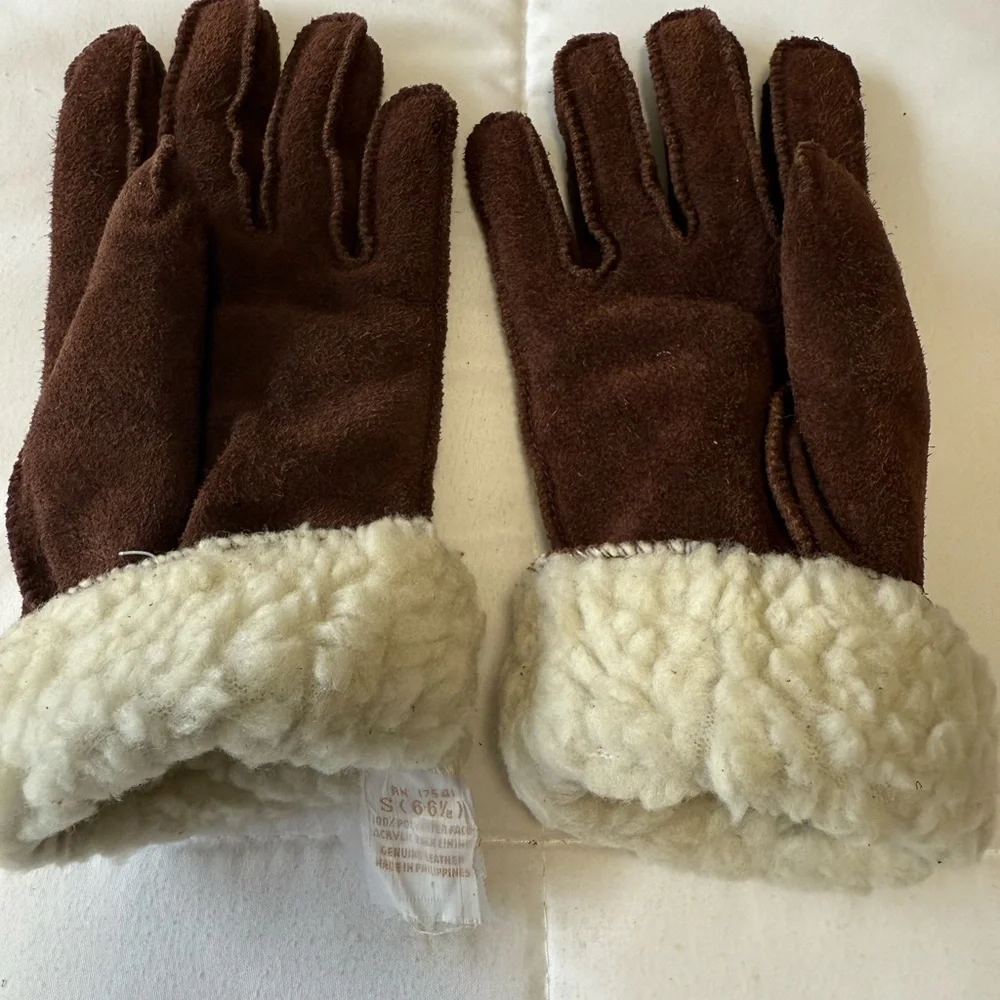 Brown genuine leather Suede Women's Gloves w/ shearling lining. S 6-6.5